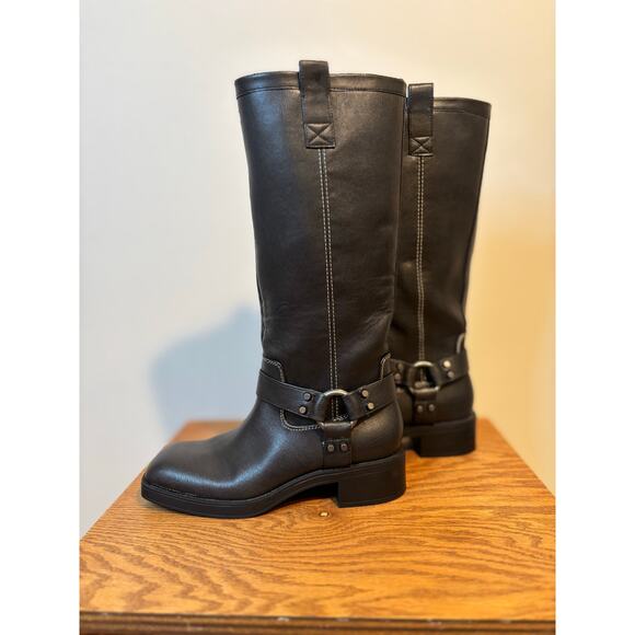 ZARA Top Stitch Biker Boots w Harness Strap, O Ring & Studs - Picture 6 of 14